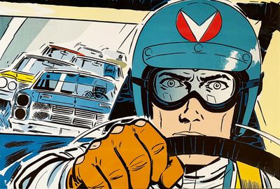 a picture of a man driving a car with a helmet and goggles on
