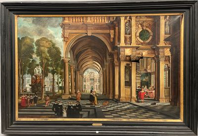 painting of a palace courtyard with figures and figures in the foreground