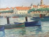 une peinture de bateaux sur l'eau dans un port