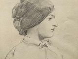 an old drawing of a woman with a hat on her head