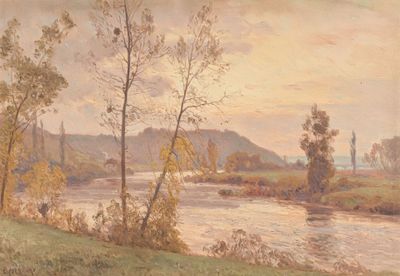 a painting of a river with trees in the foreground