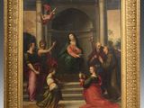 une peinture à l'huile représentant un groupe de personnes autour d'une femme