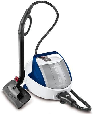 a blue and white vacuum cleaner sitting on top of a white floor