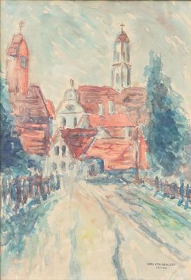 une image représentant un tableau d'une église avec un clocher