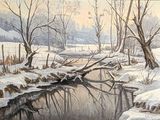 painting of a stream running through a snow covered forest