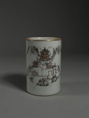 a white cup with a drawing of a pagoda on it