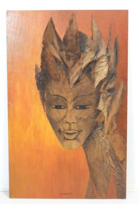 an image of a painting of a woman with feathers on her head