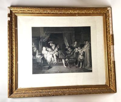 a framed picture of a painting of a family in a living room