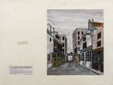 painting of a city street with buildings and a cat on top of it