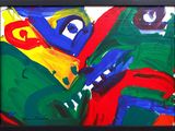 painting of a colorful abstract painting with a black frame on a white wall