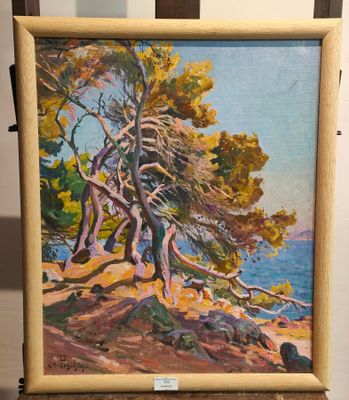 une peinture à l'huile représentant un tableau d'un arbre au bord de l'eau