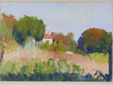 an image of a painting of a house in a field