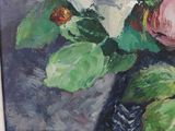 a painting of roses in a blue vase on a table