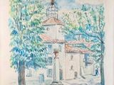 dessin représentant une aquarelle d'un bâtiment avec une tour horloge