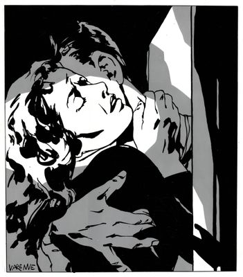 une image représentant un dessin en noir et blanc d'une femme adossée à un mur