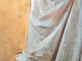 an oil painting of a woman in a white dress standing in front of a wall