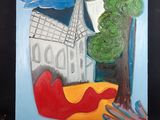 une peinture à l'huile représentant une église et un arbre sur fond noir