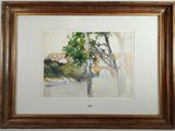 une image représentant une aquarelle d'un arbre, dans un cadre en bois