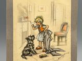 une vieille photo d'une petite fille en train de lire un livre à côté d'un chien