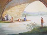 a painting of a group of people on the shore of a river