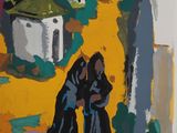 une image représentant un tableau où l'on voit deux femmes debout devant une maison