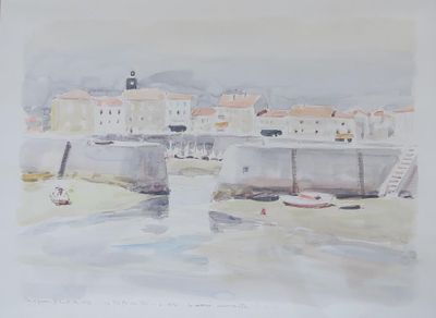 une photo d'une aquarelle représentant un port