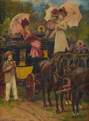 tableau représentant une femme dans une calèche tirée par deux chevaux et un homme tenant un parapluie
