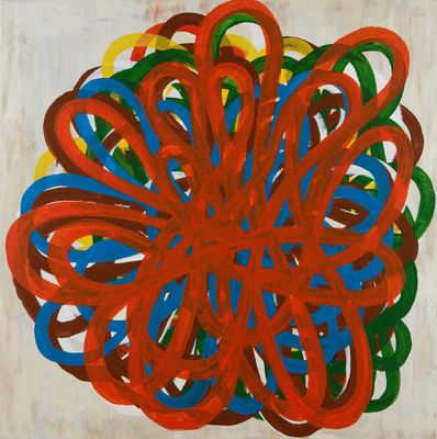une image représentant une peinture d'une fleur rouge, bleue, verte et jaune
