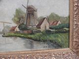 an oil painting of a windmill in a field next to a body of water