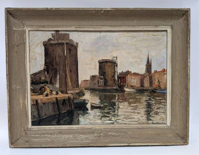 a picture of a painting of a city by the water