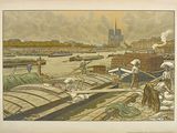 peinture représentant une vue sur une rivière, avec des bateaux au premier plan et une cathédrale à l'arrière-plan