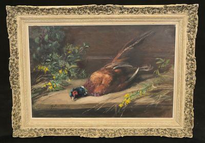 une peinture à l'huile représentant un faisan et un faisan posé sur une table