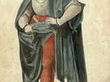 tableau représentant un homme vêtu d'un pantalon rouge et d'une cape bleue