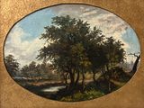 painting of a landscape with trees and a river in the foreground