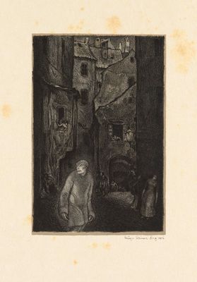 dessin représentant une femme debout dans une ruelle, avec un chat à ses côtés