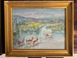 a picture of a painting of a herd of horses