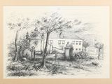 dessin représentant une maison avec un portail et une clôture devant