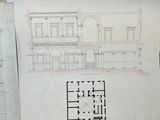a drawing of a building on a piece of paper next to a drawing of a floor plan