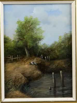 a painting of a man fishing on a river