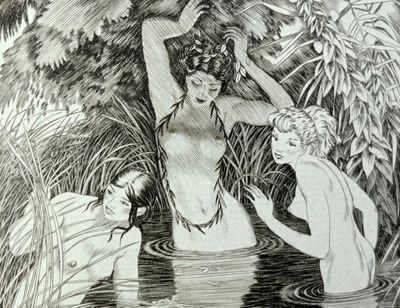 un dessin en noir et blanc représentant une femme et un homme dans l'eau