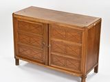 a wooden cabinet with drawers and doors on it