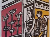 un dessin représentant un homme et une femme debout devant un magasin