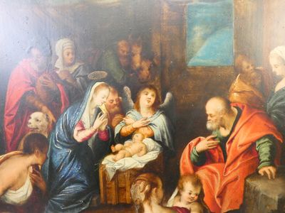 tableau représentant un groupe de personnes dans une pièce, avec un bébé dans une crèche