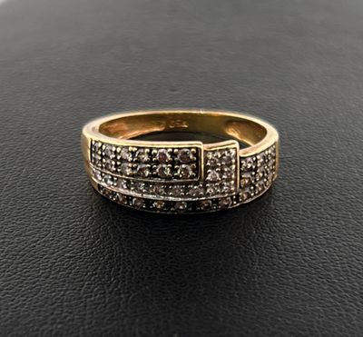 Bague en or jaune 750 millièmes partiellement niellée noir sertie de d - Photo 1