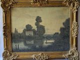 an image of a painting on a wall with a picture of a house in the background