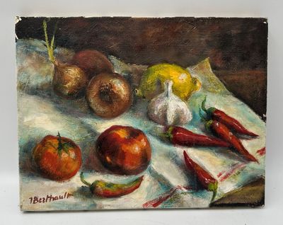 un tableau représentant une nature morte avec des légumes posés sur une table