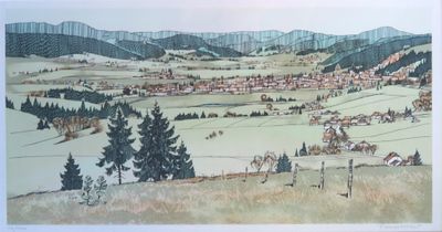 une photo d'un tableau représentant une ville dans les montagnes