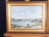an oil painting of a boat in a body of water on a wooden easel