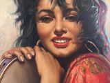 an oil painting of a woman holding a drum in front of her face