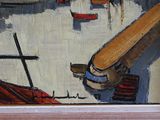 a painting of a boat in a harbor with other boats in the water